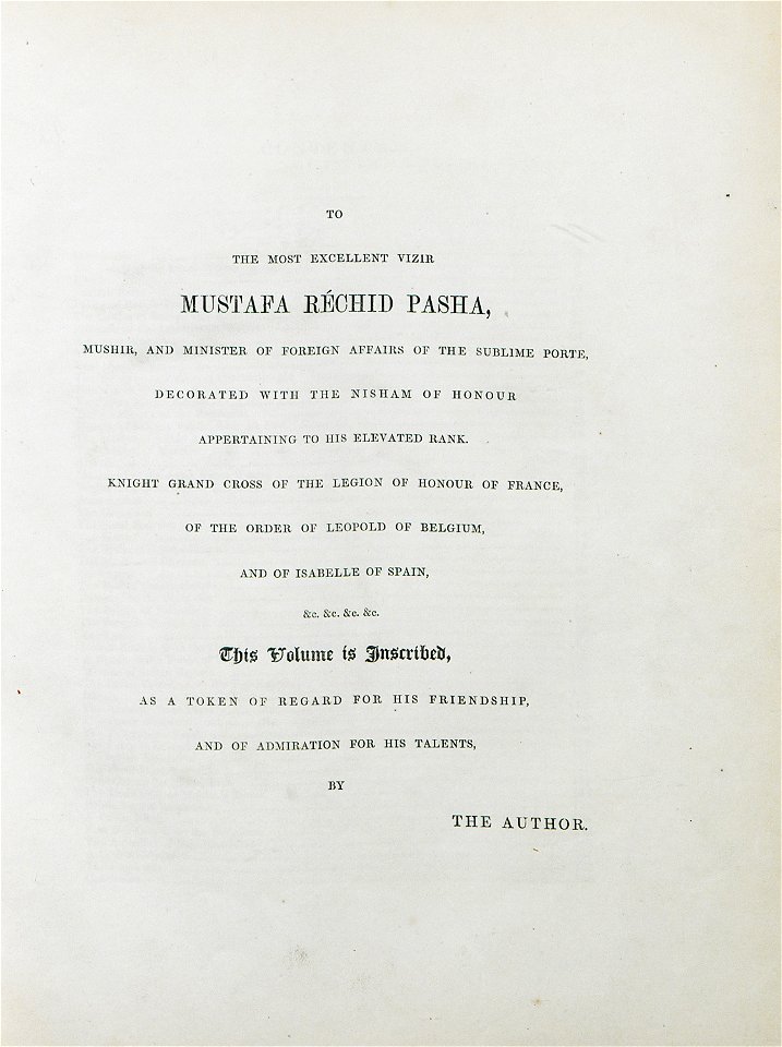 Dedication of the author to the Ottoman Minister of Foreign Affairs, Mustafa Reşid Paşa - Pardoe Julia - 1838