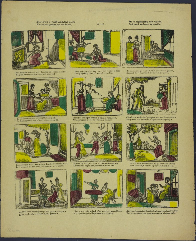 Deez' prent is 't geld wel dubbel waard, Waar Asschepoester van den haard, En in verdrukking van 't gezin, Toch werd verheven tot vorstin-Catchpenny print-Borms 0614