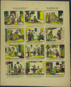 Deez' prent is 't geld wel dubbel waard, Waar Asschepoester van den haard, En in verdrukking van 't gezin, Toch werd verheven tot vorstin-Catchpenny print-Borms 0614