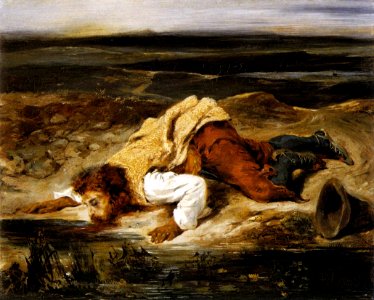 Eugène Delacroix - A Mortally Wounded Brigand Quenches his Thirst - WGA06165. Free illustration for personal and commercial use.