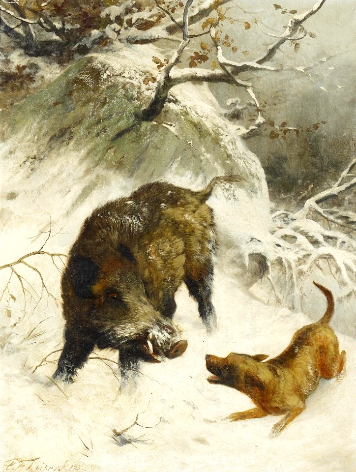Carl Friedrich Deiker - Jagdhund und Wildschwein (1889)
