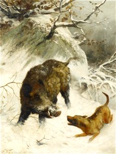 Carl Friedrich Deiker - Jagdhund und Wildschwein (1889)