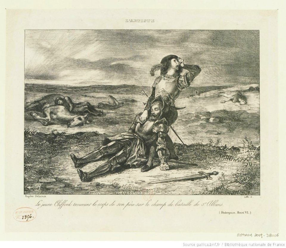 Delacroix - Le jeune Clifford trouvant le corps de son père sur le champ de bataille de S.t Albans, btv1b10461583h