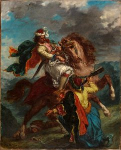 Eugène Delacroix - A Turk Surrenders to a Greek Horseman (1856). Free illustration for personal and commercial use.