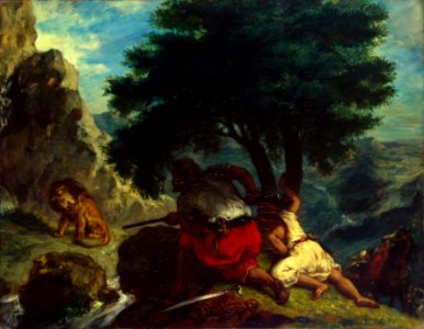 Eugène Delacroix - Lion Hunt in Morocco - WGA6228. Free illustration for personal and commercial use.