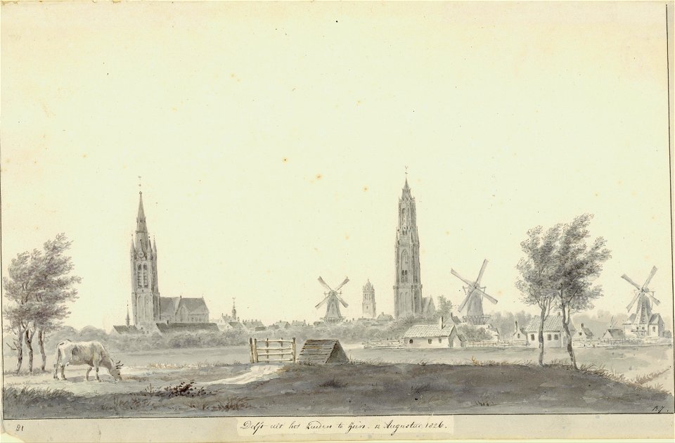 Delft uit het zuiden te zien. 12 Augustus 1826., Balthasar Jooss, SA Delft, inv.nr. 59210