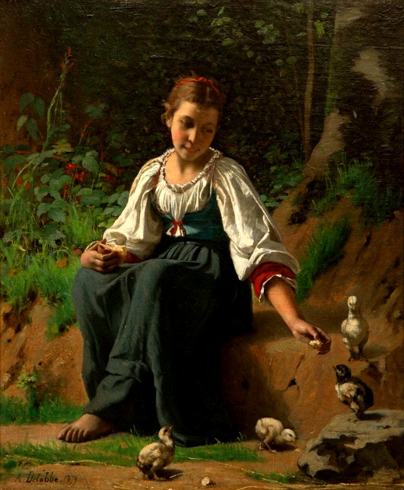 Girl Feeding Baby Chicks by François-Alfred Delobbe, 1879