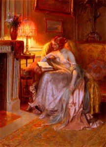 Delphin Enjolras - La lecture près de la lampe. Free illustration for personal and commercial use.