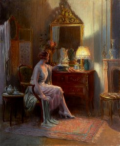 Delphin Enjolras - Elegant Lady admiring a Sculpture. Free illustration for personal and commercial use.