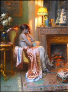 Delphin Enjolras - Le coin du feu - Pensive. Free illustration for personal and commercial use.
