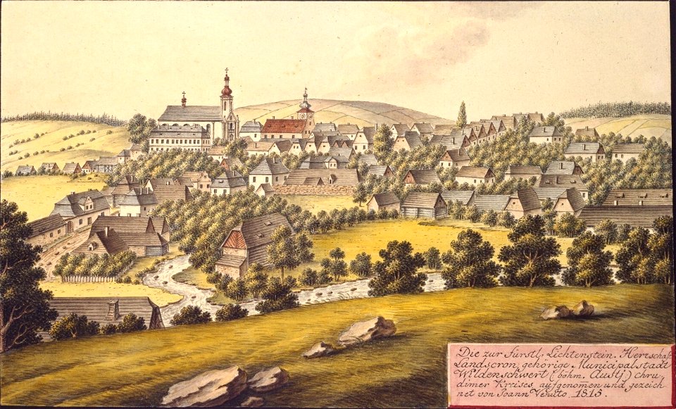 Die zur fürstl Lichtenstein. Herrschaft Landscron gehörige Municipalstadt Wildenschwert (böhm. Austj) Chrudimer Kreises aufgenommen und gezeichnet von Joann Venuto 1815