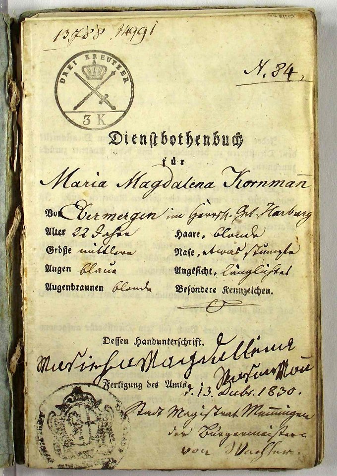 Dienstbotenbuch Maria Magdalena Kornmann 1830 img01