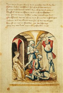 Dietrich von Bern ueberwaeltigt Hagen Kriemhild betrachtet die Szene Hundeshagenscher Kodex