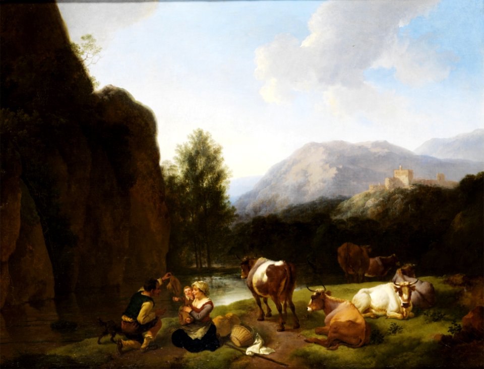 Christian Wilhelm Ernst Dietrich - Rastende Familie neben Kühen an einem Fluss