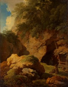 Christian Guillaume Ernest Dietricy - Paysage et rochers, un ermite se repose à l'entrée d'une grotte