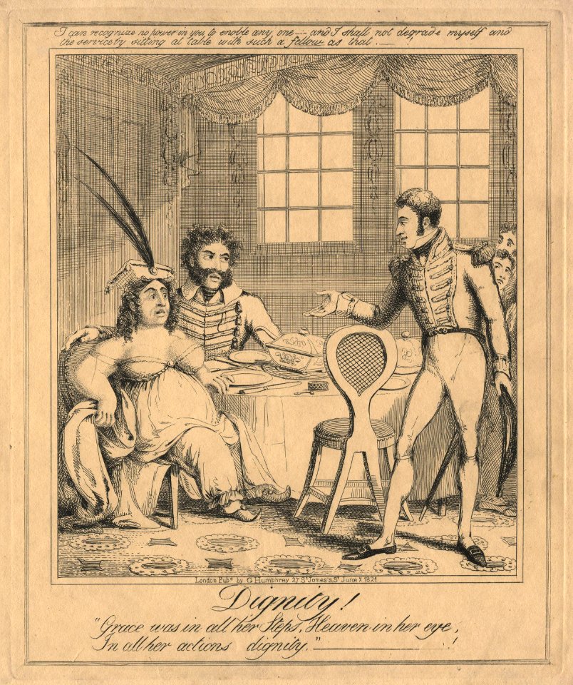 Dignity! (Caroline Amelia Elizabeth of Brunswick; Bartolomeo Pergami; probably Sir Samuel John Brooke Pechell, 3rd Bt) by George Humphrey