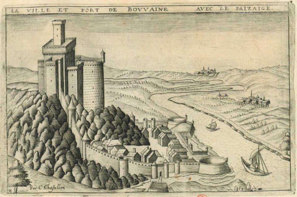 Dinan & Bouvaine (Claude Chastillon, Topographie françoise, 1641) (view of Bouvignes)