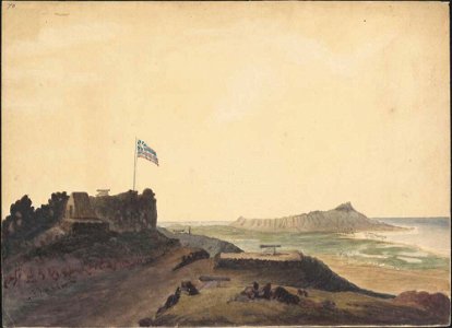 Dimond Point from Punch Bowl Hill, Honolulu, S.Is., 1855, watercolour by James Gay Sawkins