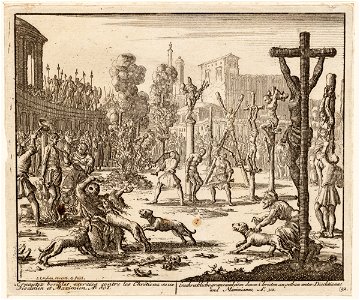 Diocletianus doet vele Christenen kruisigen, als fakkels branden, door honden verscheuren, objectnr A 41871