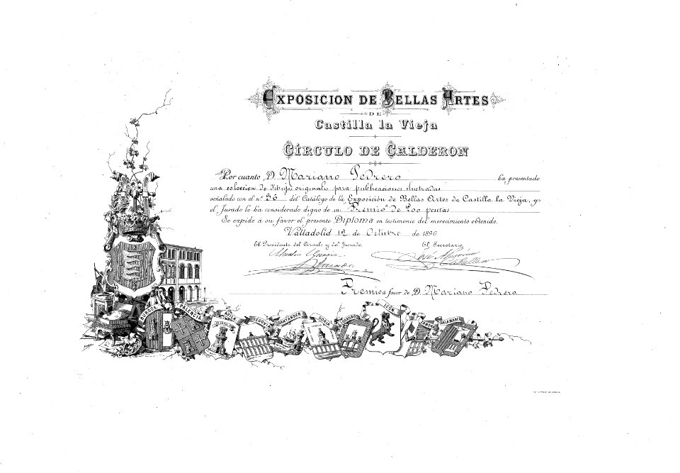 Diploma Exposición de Bellas Artes, Castilla La Vieja, Valladolid Oct. 1890
