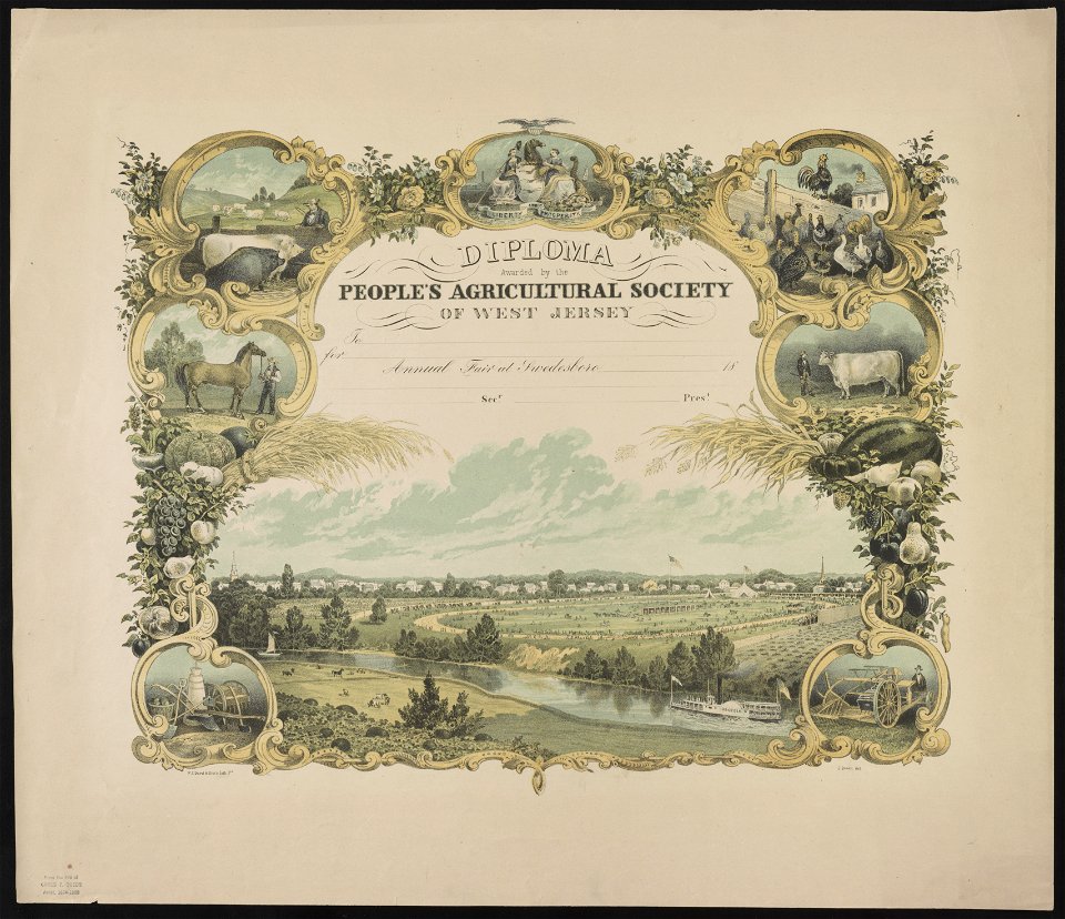 Diploma awarded by the People's Agricultural Society of West Jersey - P.S. Duval & Son's Lith. Pa. ; J. Queen del. LCCN2013651043