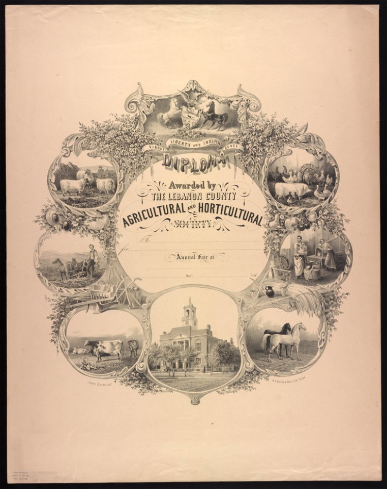 Diploma awarded by the Lebanon County Agricultural and Horticultural Society - James Queen delt. ; P.S. Duval & Son's Lith. Philada. LCCN2013650009