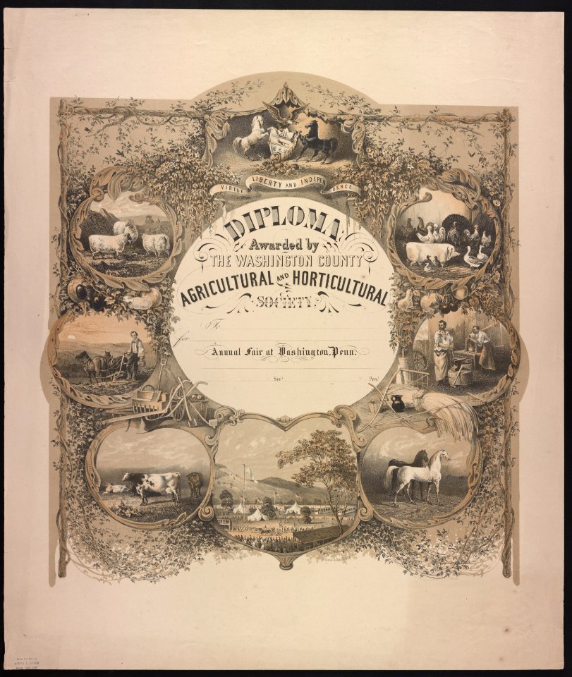 Diploma awarded by the Washington County Agricultural and Horticultural Society - James Queen del. ; P.S. Duval & Son's Lith. Phila. LCCN2013650010