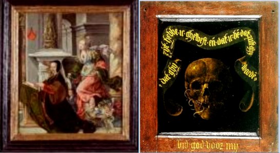 Diptych with Portrait of Margaret Mettanye with her paton saint and Memento Mori. Free illustration for personal and commercial use.