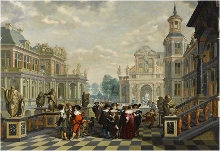 Dirck van Delen - An Elaborate Palace Courtyard With Elegant Company. Free illustration for personal and commercial use.