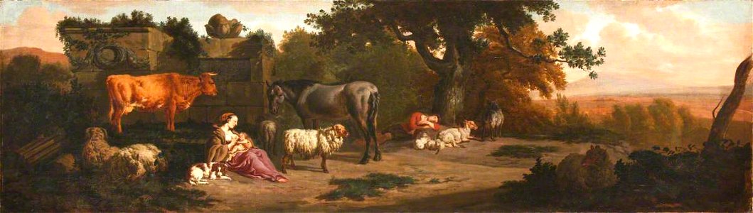 Dirck van den Bergen (1645^-1690) - Landscape with a Nursing Herdswoman, a Sleeping Herdsman and a Cow, a Horse and Sheep - 1140135 - National Trust