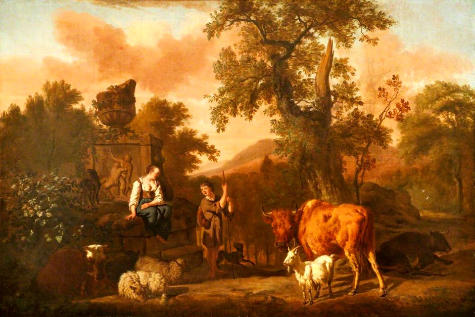 Dirck van den Bergen (1645^-1690) - A Landscape with an Antique Tomb with a Ruined Urn, a Herdsboy and Shepherd Girl, Cattle, Sheep, and a Goat - 1140174 - National Trust
