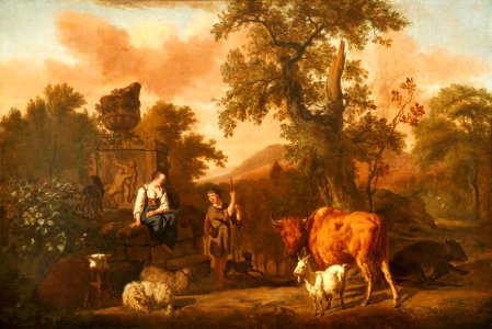 Dirck van den Bergen (1645^-1690) - A Landscape with an Antique Tomb with a Ruined Urn, a Herdsboy and Shepherd Girl, Cattle, Sheep, and a Goat - 1140174 - National Trust. Free illustration for personal and commercial use.