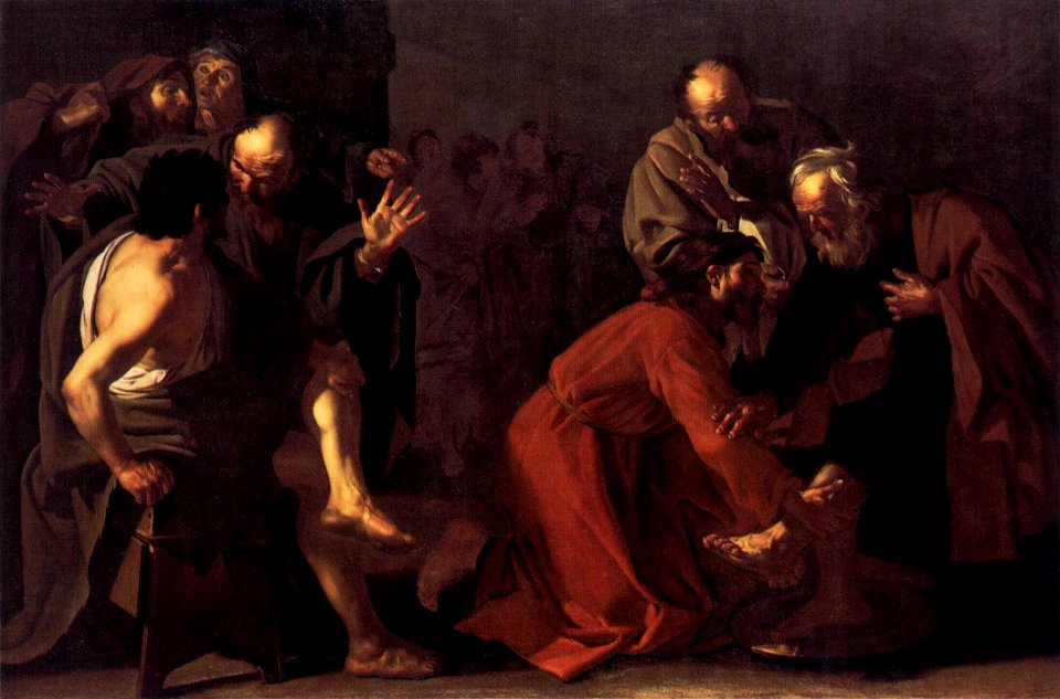 Dirck van Baburen - Christ Washing the Apostles Feet - WGA1090. Free illustration for personal and commercial use.