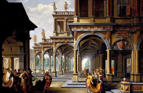 Dirck van Delen - Architectural Capriccio with Jephthah and His Daughter - WGA6275. Free illustration for personal and commercial use.