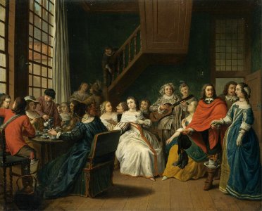 Peter Jacob Horemans - Domestic interior with elegant figures taking tea before others performing a play