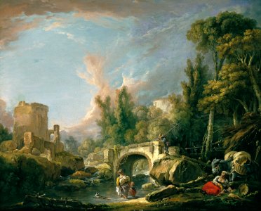 Boucher Paisaje fluvial con ruina y puente