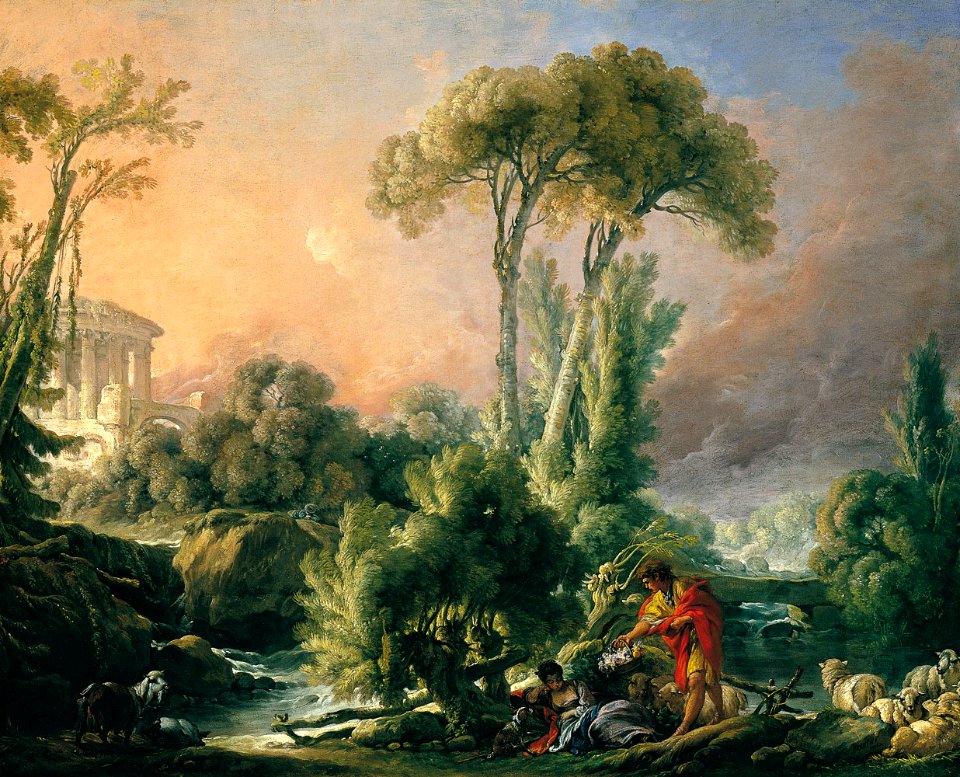 François Boucher - River Landscape with an Antique Temple