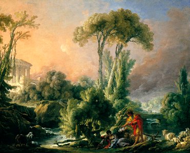 François Boucher - River Landscape with an Antique Temple