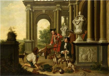Peter Jacob Horemans - The failed hunt, a young poacher offering a pheasant to two sportsmen, near a classical building