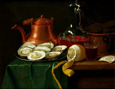 Peter Jacob Horemans - Still life with oysters, lemon, carafe and copper mug