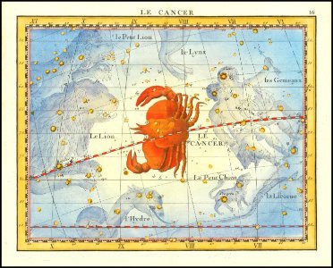 1776 chart of the constellation Cancer and neighboring constellations, from Fortin's Atlas Celeste de Flamsteed