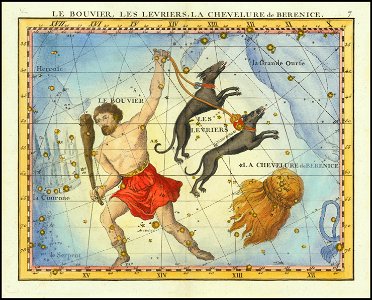 1776 star chart of the constellations Comae Berenices, Bootes & Cannes Venatici and neighboring constellations, from Fortin's Atlas Celeste de Flamsteed. Free illustration for personal and commercial use.