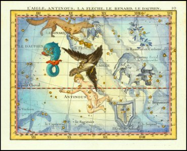 1776 - John Flamsteed - L'Aigle, Antinous, La Fleche, Le Renard, Le Dauphin (Aquila, Sagitta, Vulpecula & Anser Delphinus). Free illustration for personal and commercial use.