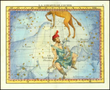 1776 star chart of the constellations Camelopardal & Auriga and neighboring constellations, from Fortin's Atlas Celeste de Flamsteed. Free illustration for personal and commercial use.
