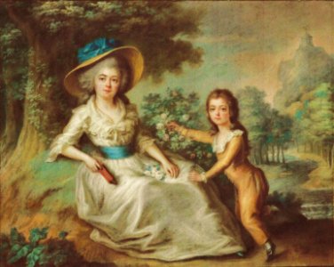 Marie Aurore of Saxony with her son Maurice Dupin de Francueil by a member of the French School (circa 1780). Free illustration for personal and commercial use.