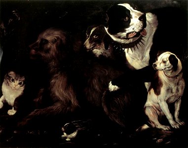 17th-century unknown painters - Portrait of Dogs with a Cat and a Rabbit - WGA23958. Free illustration for personal and commercial use.