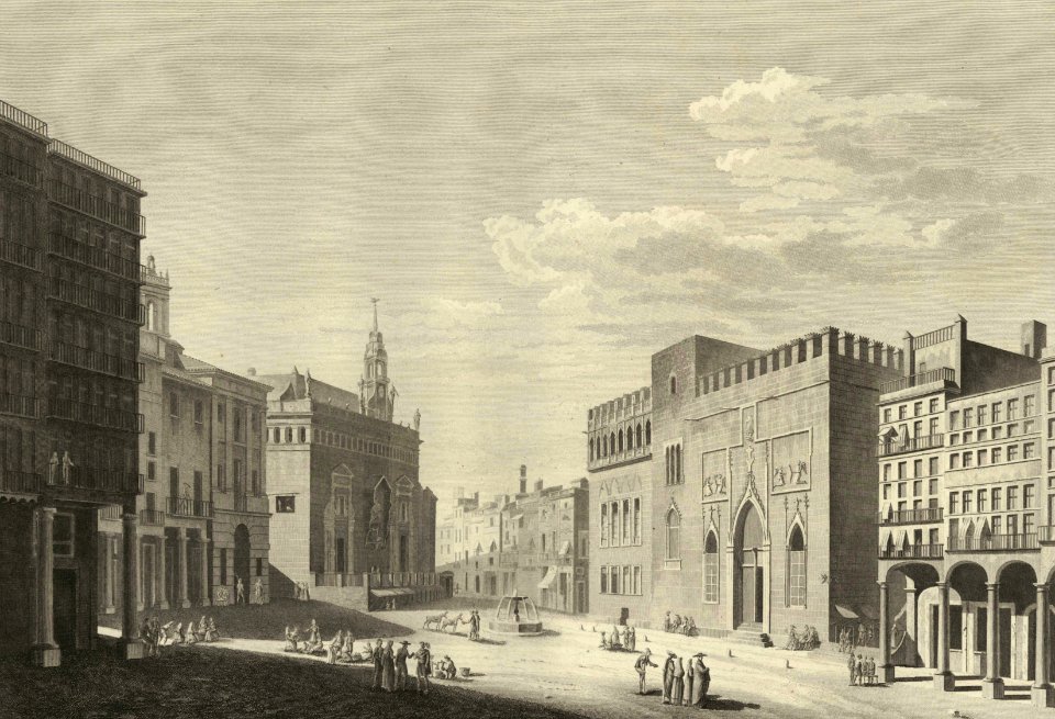 1806-1820, Voyage pittoresque et historique de l'Espagne, tomo I, Plaza del Mercado de Valencia (cropped)