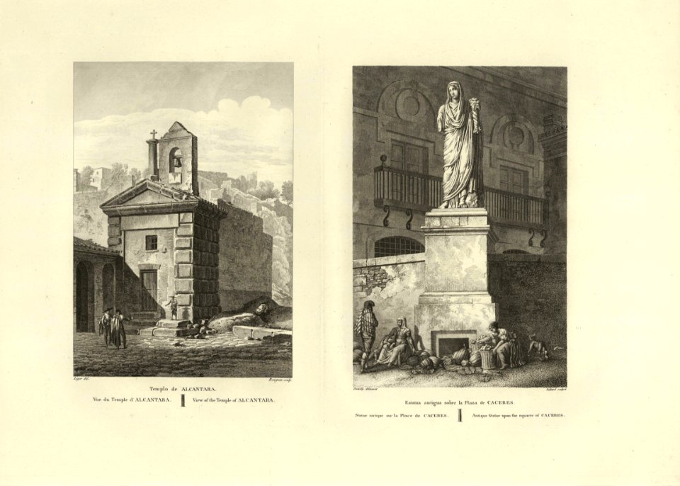 1806-1820, Voyage pittoresque et historique de l'Espagne, tomo I, Templo de Alcántara, Estatua antigua sobre la plaza de Cáceres