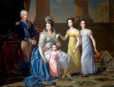 Portrait of King Victor Emmanuel I of Sardinia and his family by Luigi Bernero. Free illustration for personal and commercial use.