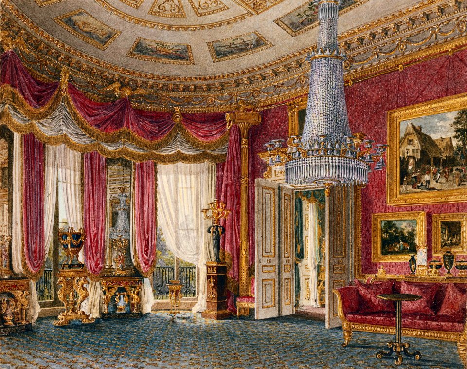 Carlton House, Rose Satin Drawing Room looking West, by Charles Wild, 1818 - royal coll 922181 313733 ORI 2